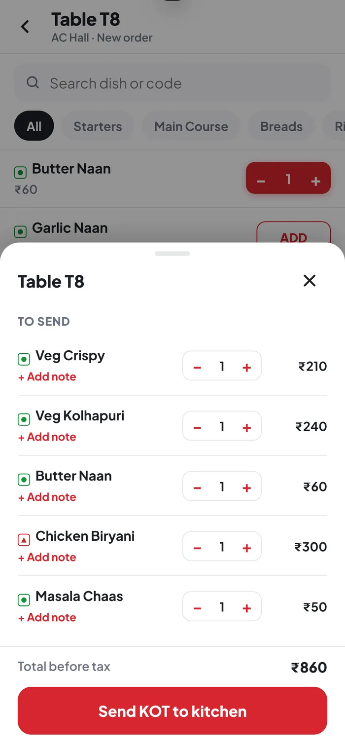 Captain app cart with Add note and Send KOT to kitchen