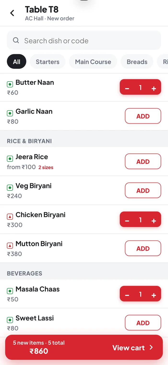 Captain app: menu with ADD buttons and View cart
