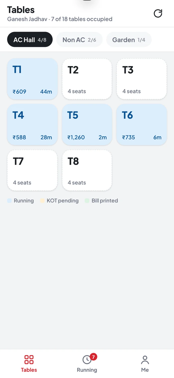Captain app: tables by area