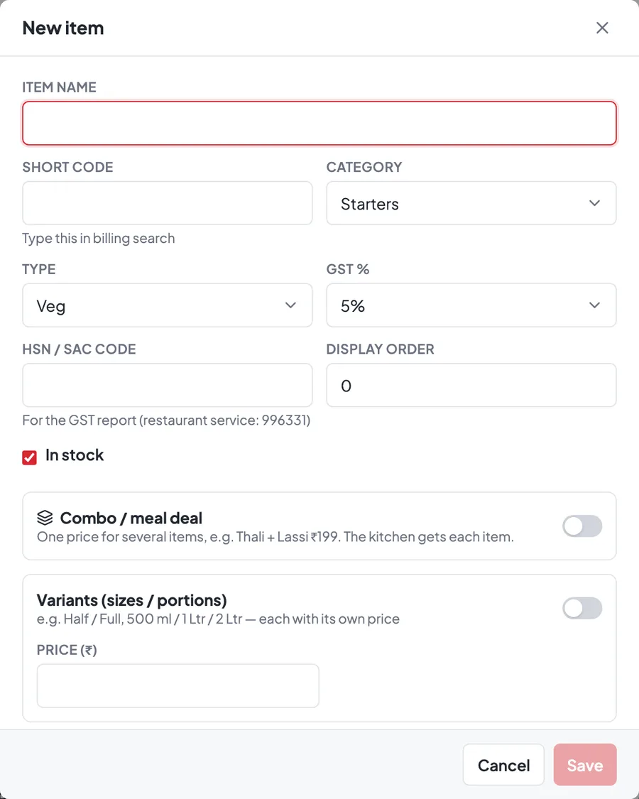 The New item form