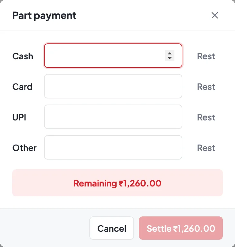 Part payment: amounts for cash, card, UPI and other, with the remaining amount