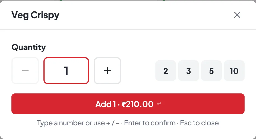 Quantity box with − / + and quick buttons 2, 3, 5 and 10