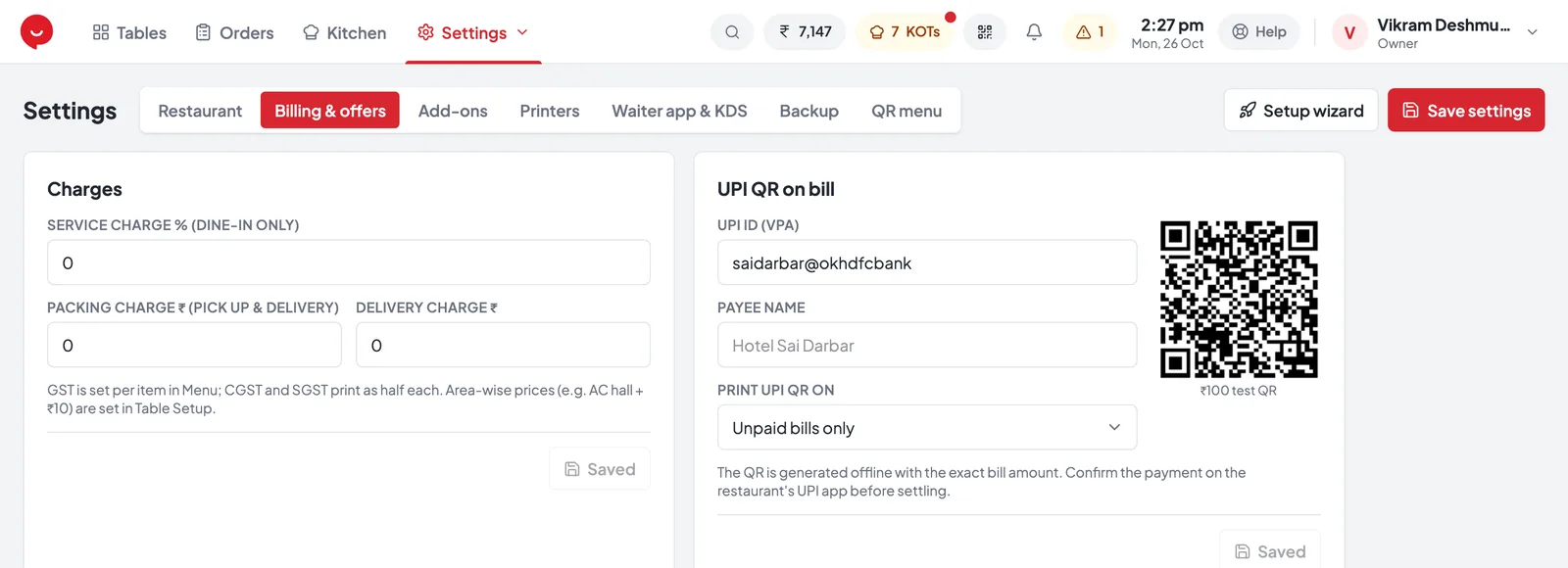 Settings, Billing & offers: charges and the UPI QR on bill card