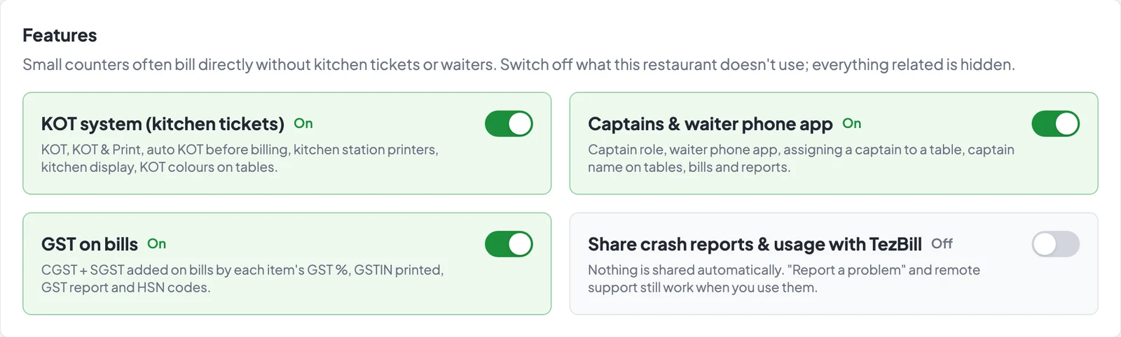 Features in Settings: KOT system, captains, GST on bills and crash reports switches