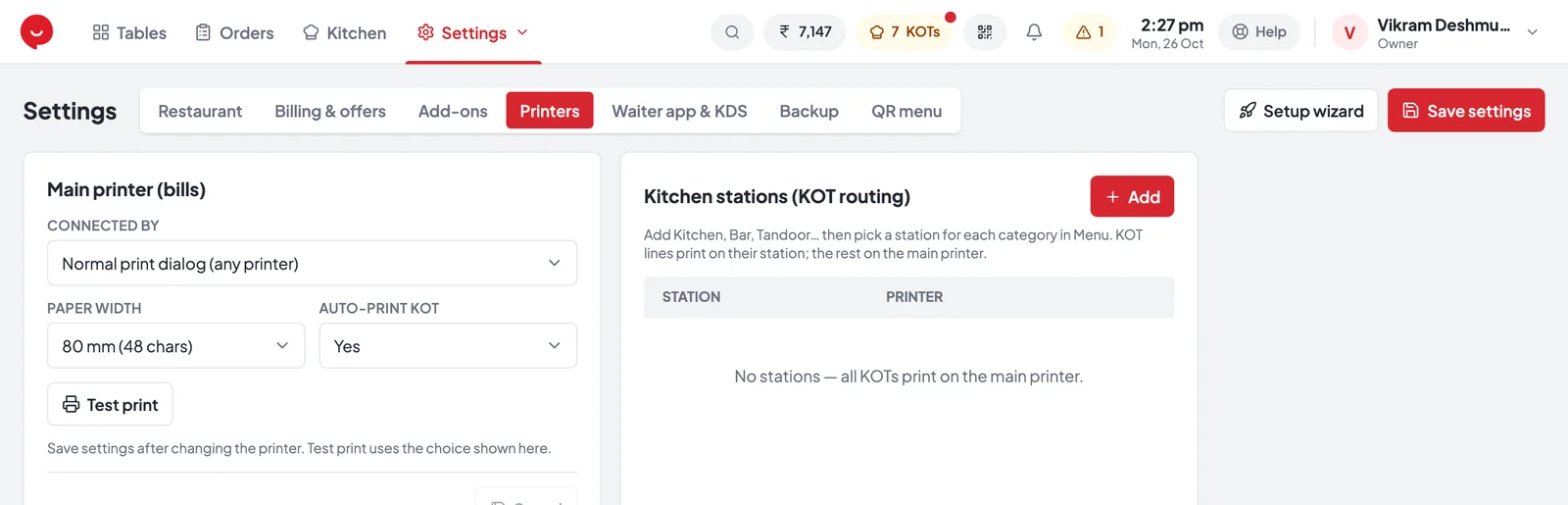 TezBill Settings, Printers tab: main printer and kitchen stations