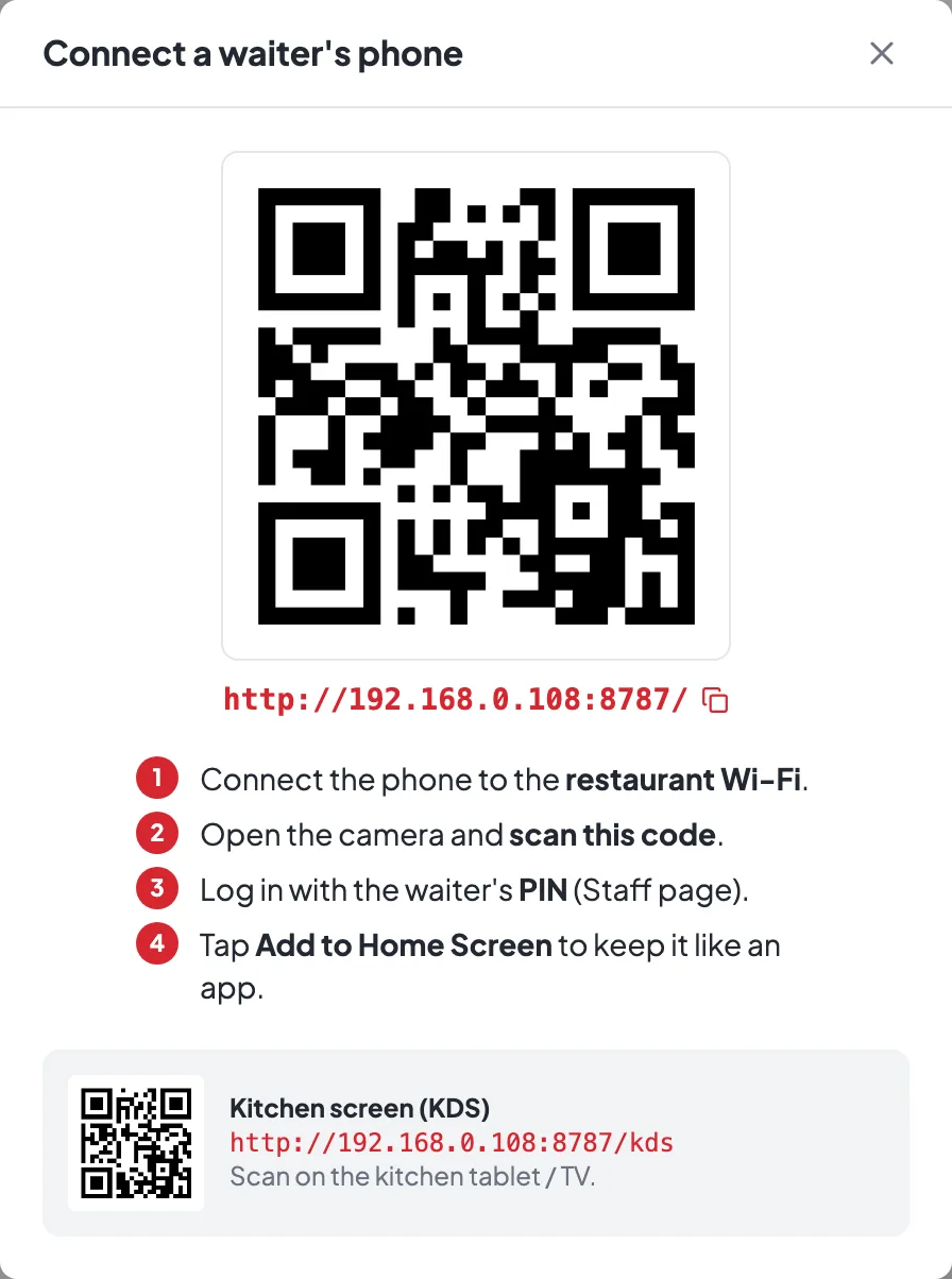Connect a waiter's phone: a QR code with four steps